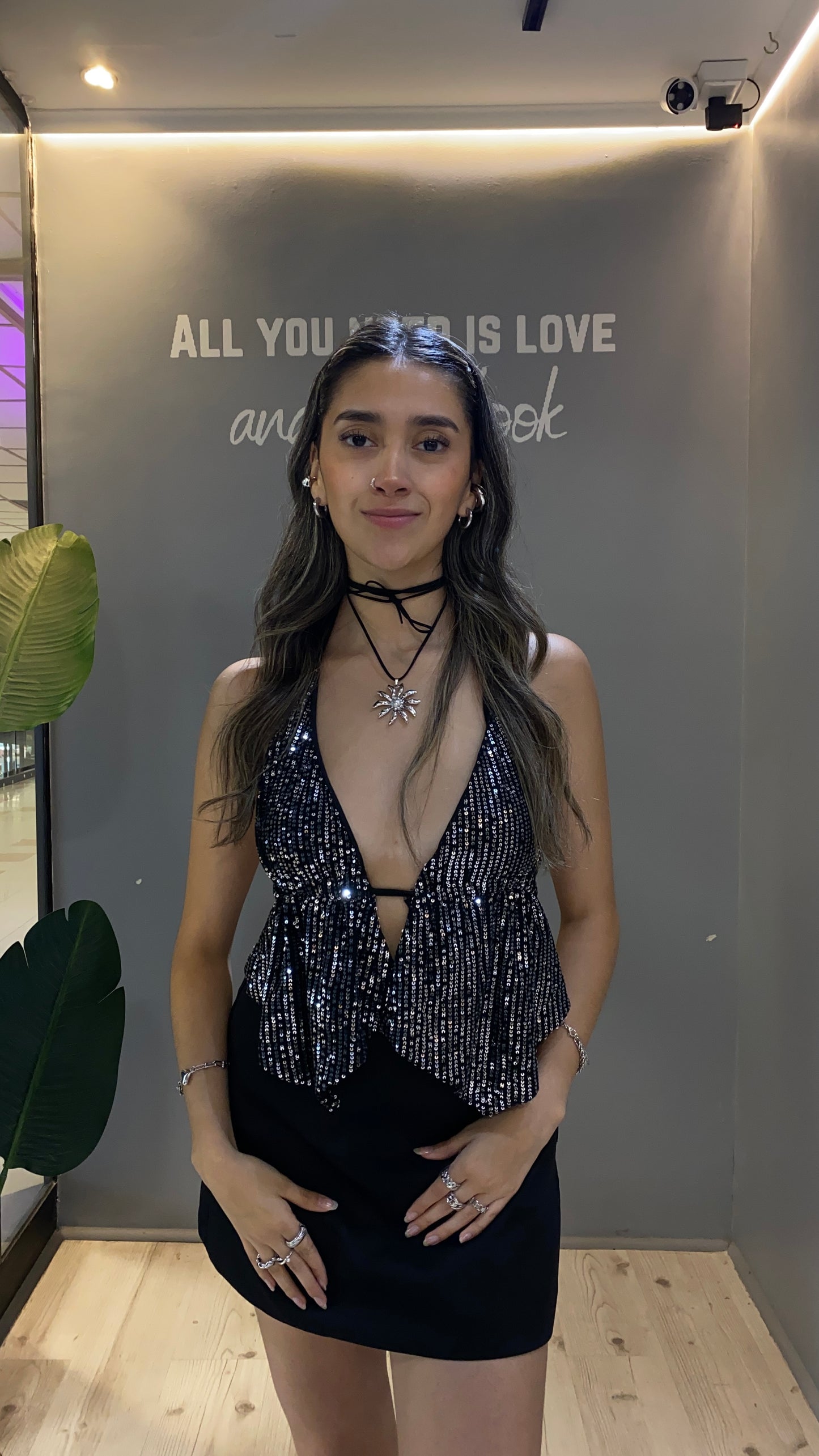 TOP LENTEJUELAS PLATEADO ESTILO MARIPOSA